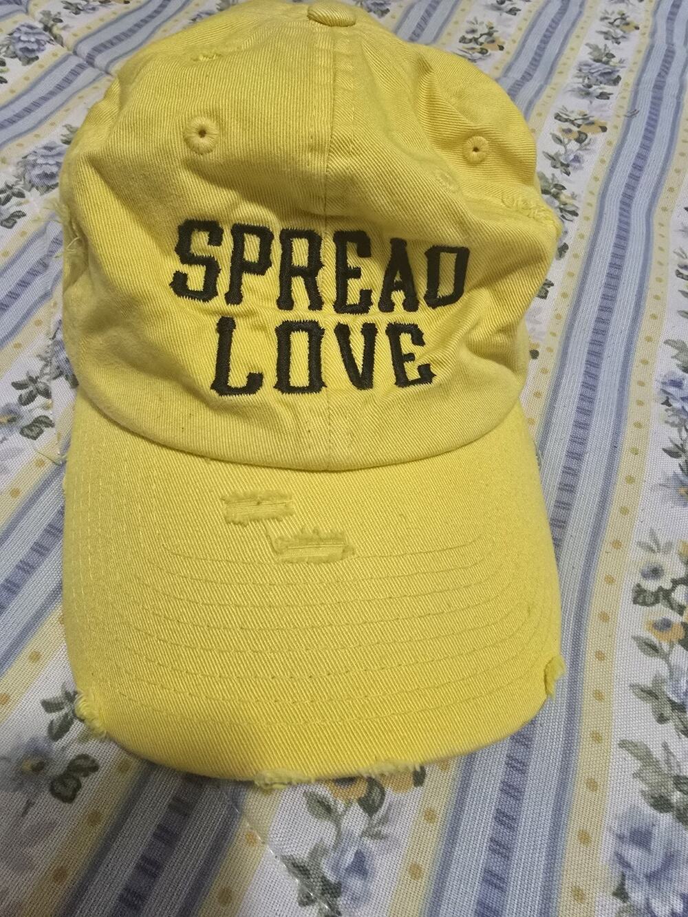 Kbethos Vintage Hat Cap Yellow Embroidered Spread Love Distressed Adjustable